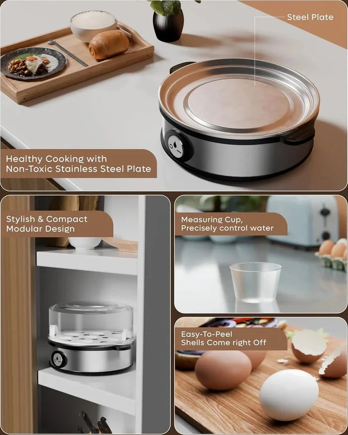 FEDUS EGGLINE Automatic Egg Boiler maker Electric Multi-Function 7 Eggs Capacity Cooker Steamer machine for Hard, Medium, Soft Eggs, Stainless steel Heating Plate, Auto Shut-Off, Fast boiling Boils FEDUS