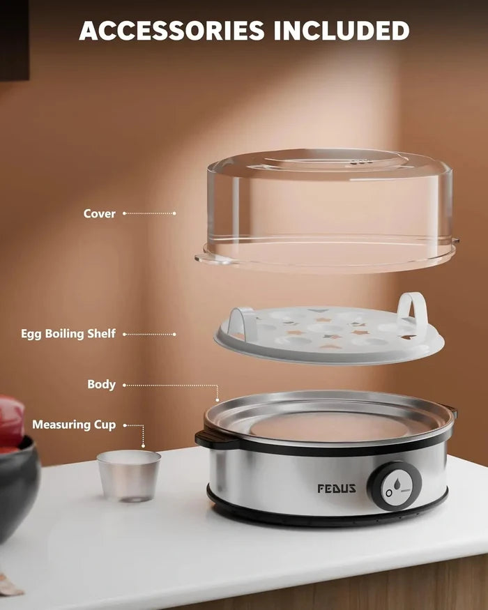 FEDUS EGGLINE Automatic Egg Boiler maker Electric Multi-Function 7 Eggs Capacity Cooker Steamer machine for Hard, Medium, Soft Eggs, Stainless steel Heating Plate, Auto Shut-Off, Fast boiling Boils FEDUS
