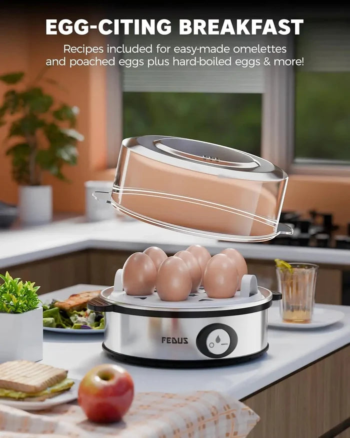 FEDUS EGGLINE Automatic Egg Boiler maker Electric Multi-Function 7 Eggs Capacity Cooker Steamer machine for Hard, Medium, Soft Eggs, Stainless steel Heating Plate, Auto Shut-Off, Fast boiling Boils FEDUS