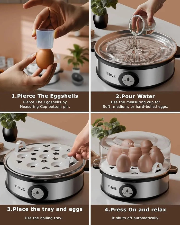 FEDUS EGGLINE Automatic Egg Boiler maker Electric Multi-Function 7 Eggs Capacity Cooker Steamer machine for Hard, Medium, Soft Eggs, Stainless steel Heating Plate, Auto Shut-Off, Fast boiling Boils FEDUS