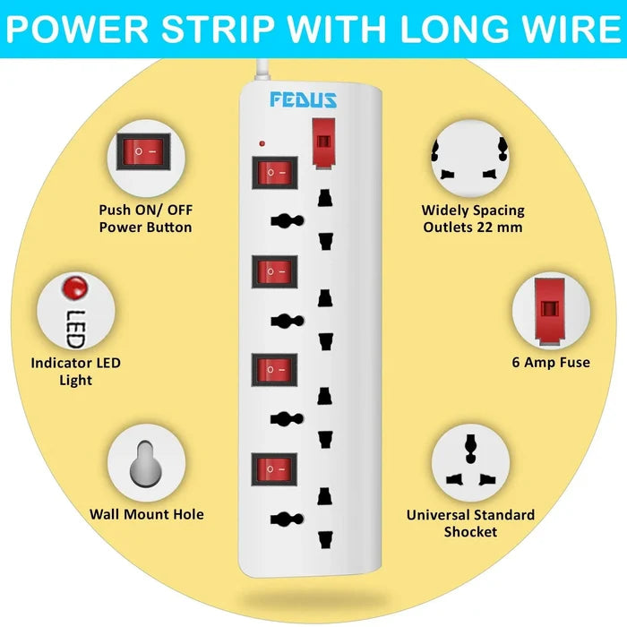FEDUS Extension Boards, Long Wire Switch Board Extension | Extension Boards with Switch, Extension Board with Long Wire, Extension Board for Computer, Surge Protectors Spike Buster, Switch Board FEDUS