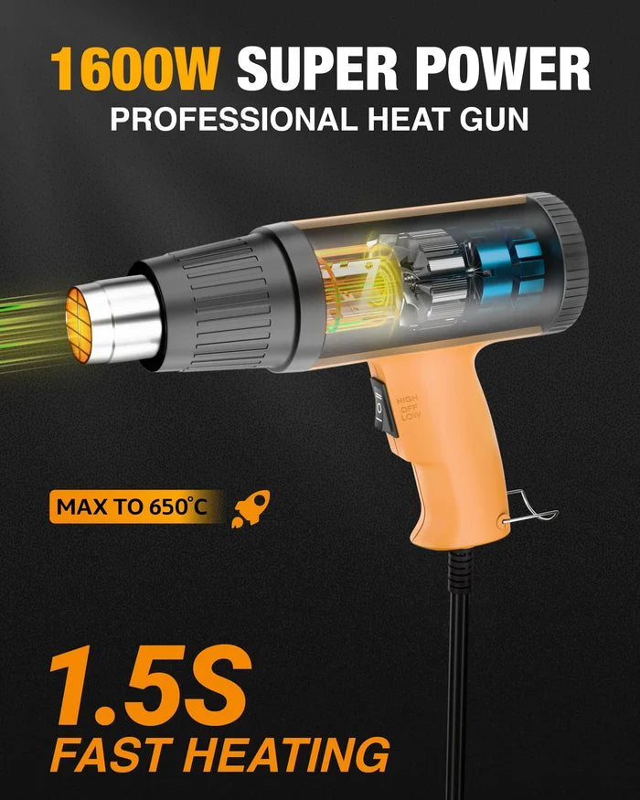 FEDUS Heat Gun Hot Air Gun Temperature Machine 1600W 5 Nozzles Included, 2 Temp Settings Great for industrial use & Crafts, Removing & Drying Paint, Shrink Tubing/Wrapping Packing, Bend Pipes, Epoxy Resin, Yellow FEDUS