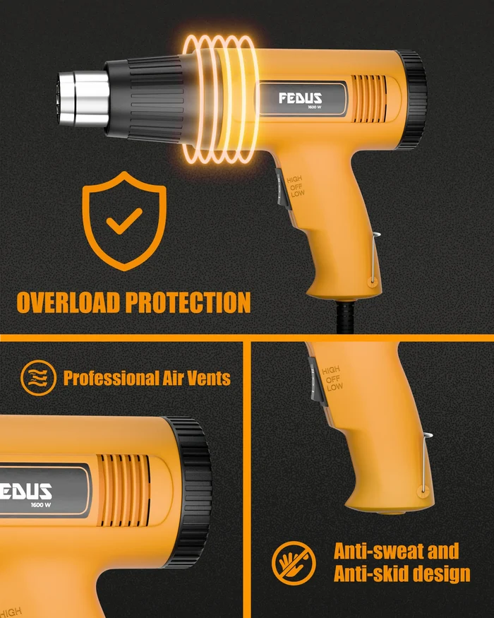 FEDUS Heat Gun Hot Air Gun Temperature Machine 1600W 5 Nozzles Included, 2 Temp Settings Great for industrial use & Crafts, Removing & Drying Paint, Shrink Tubing/Wrapping Packing, Bend Pipes, Epoxy Resin, Yellow FEDUS