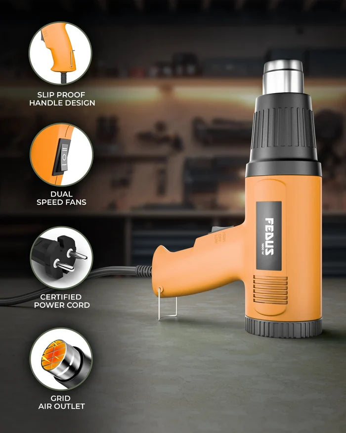 FEDUS Heat Gun Hot Air Gun Temperature Machine 1600W 5 Nozzles Included, 2 Temp Settings Great for industrial use & Crafts, Removing & Drying Paint, Shrink Tubing/Wrapping Packing, Bend Pipes, Epoxy Resin, Yellow FEDUS