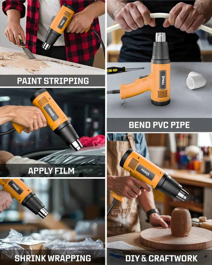 FEDUS Heat Gun Hot Air Gun Temperature Machine 1600W 5 Nozzles Included, 2 Temp Settings Great for industrial use & Crafts, Removing & Drying Paint, Shrink Tubing/Wrapping Packing, Bend Pipes, Epoxy Resin, Yellow FEDUS