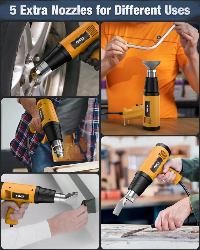FEDUS Heat Gun Hot Air Gun Temperature Machine 1600W 5 Nozzles Included, 2 Temp Settings Great for industrial use & Crafts, Removing & Drying Paint, Shrink Tubing/Wrapping Packing, Bend Pipes, Epoxy Resin, Yellow FEDUS