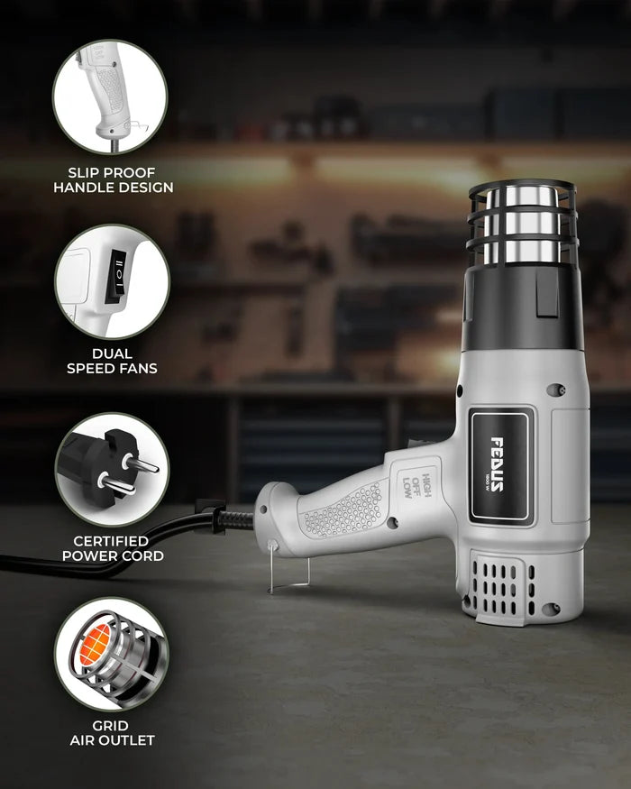 FEDUS Heat Gun Hot Air Gun Temperature Machine 1800W 5 Nozzles Included, 2 Temp Settings Great for industrial use & Crafts, Removing & Drying Paint, Shrink Tubing/Wrapping Packing, Bend Pipes, Epoxy Resin, Grey FEDUS