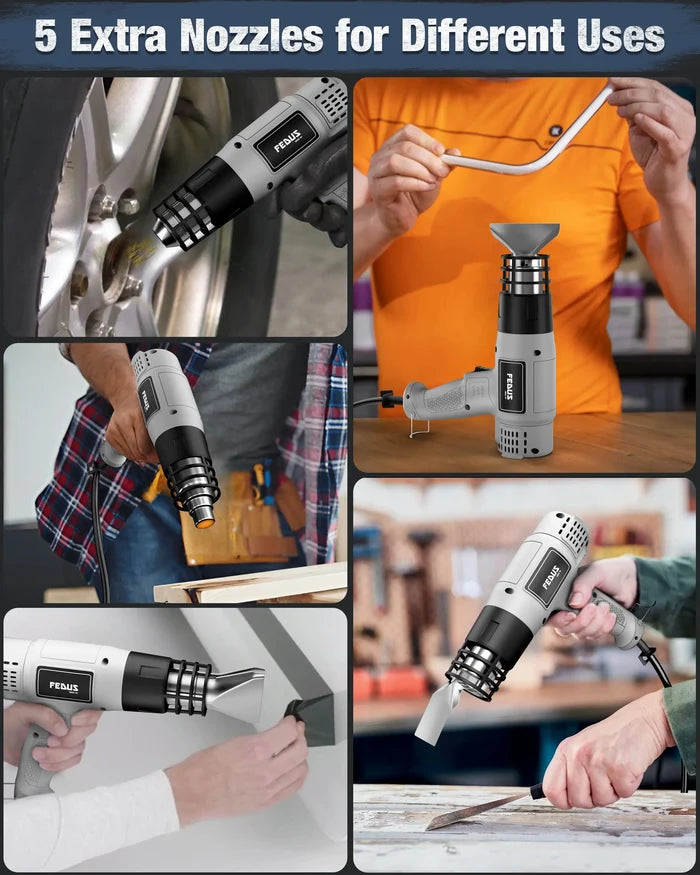 FEDUS Heat Gun Hot Air Gun Temperature Machine 1800W 5 Nozzles Included, 2 Temp Settings Great for industrial use & Crafts, Removing & Drying Paint, Shrink Tubing/Wrapping Packing, Bend Pipes, Epoxy Resin, Grey FEDUS