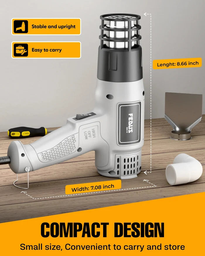FEDUS Heat Gun Hot Air Gun Temperature Machine 1800W 5 Nozzles Included, 2 Temp Settings Great for industrial use & Crafts, Removing & Drying Paint, Shrink Tubing/Wrapping Packing, Bend Pipes, Epoxy Resin, Grey FEDUS