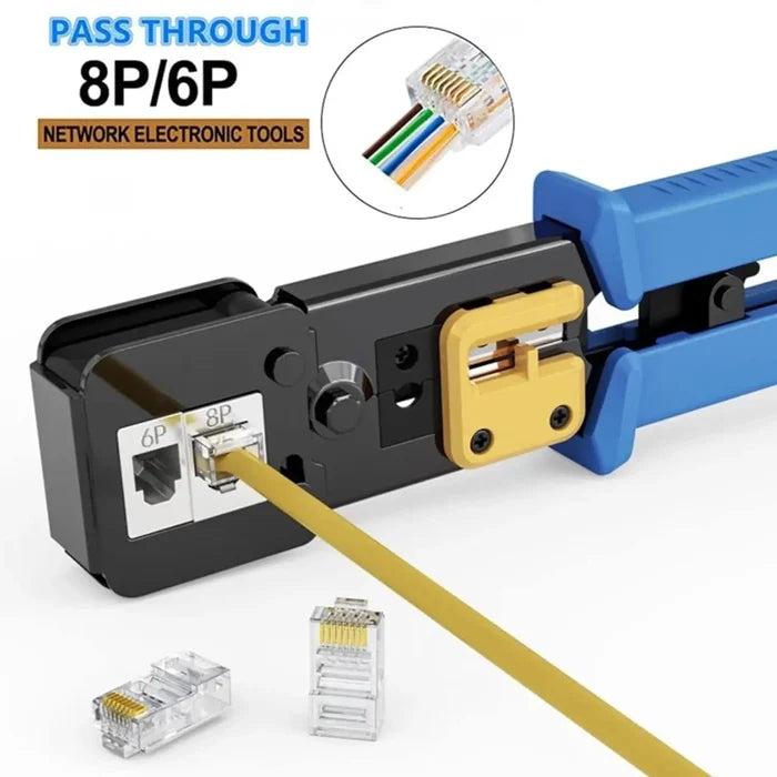 FEDUS Passthrough Crimping tool, Crimp, Cut, Strip Tool Pass-Through Ethernet Crimper, Professional RJ45 Crimp Tool for 8P/RJ45 and 6P/RJ12 4P/RJ11, Cat6a, Cat6, Cat5e Pass Through & Regular Connectors, Blue FEDUS