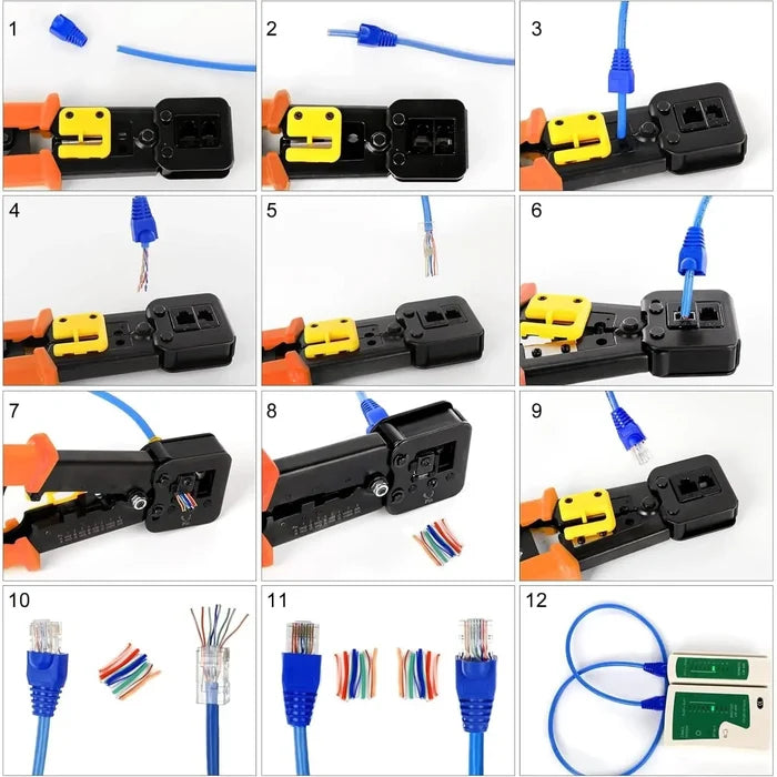 FEDUS Passthrough Crimping tool, Crimp, Cut, Strip Tool Pass-Through Ethernet Crimper, Professional RJ45 Crimp Tool for 8P/RJ45 and 6P/RJ12 4P/RJ11, Cat6a, Cat6, Cat5e Pass Through & Regular Connectors, Blue FEDUS