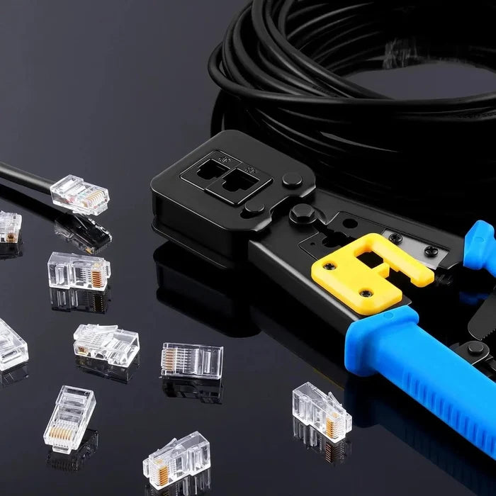 FEDUS Passthrough Crimping tool, Crimp, Cut, Strip Tool Pass-Through Ethernet Crimper, Professional RJ45 Crimp Tool for 8P/RJ45 and 6P/RJ12 4P/RJ11, Cat6a, Cat6, Cat5e Pass Through & Regular Connectors, Blue FEDUS