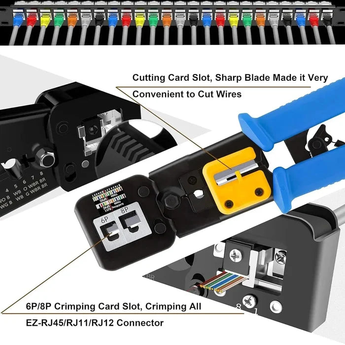 FEDUS Passthrough Crimping tool, Crimp, Cut, Strip Tool Pass-Through Ethernet Crimper, Professional RJ45 Crimp Tool for 8P/RJ45 and 6P/RJ12 4P/RJ11, Cat6a, Cat6, Cat5e Pass Through & Regular Connectors, Blue FEDUS