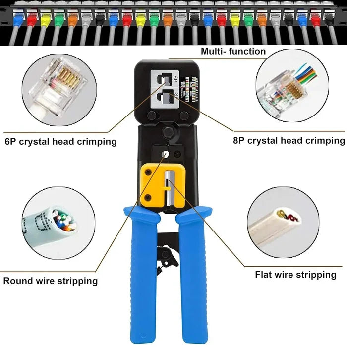 FEDUS Passthrough Crimping tool, Crimp, Cut, Strip Tool Pass-Through Ethernet Crimper, Professional RJ45 Crimp Tool for 8P/RJ45 and 6P/RJ12 4P/RJ11, Cat6a, Cat6, Cat5e Pass Through & Regular Connectors, Blue FEDUS