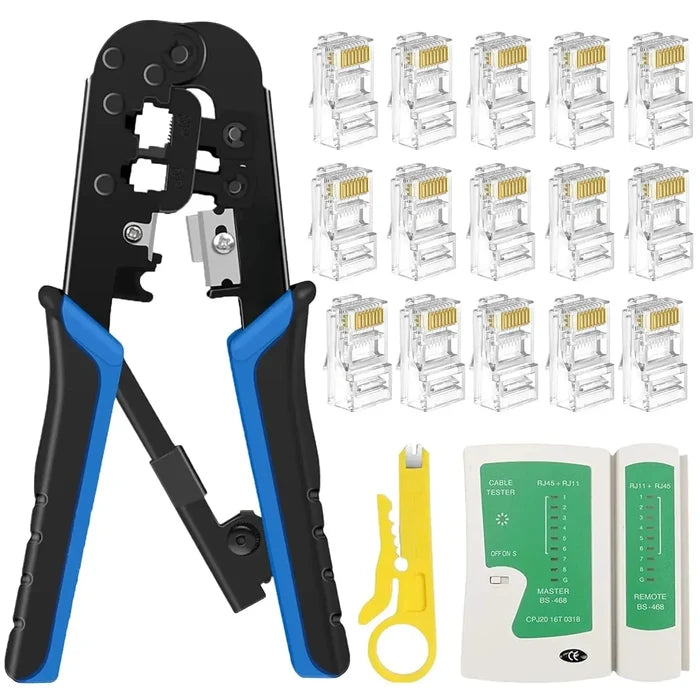 FEDUS RJ45 Crimping Tool Kit, Crimping Tool rj45 Crimping Machine for Cat6A Cat5e Cat5 RJ45 Ethernet tool kit, 100PCS rj45 Connector, Network Lan Tester, Cut and Strip Tool Black COMBO-3 FEDUS