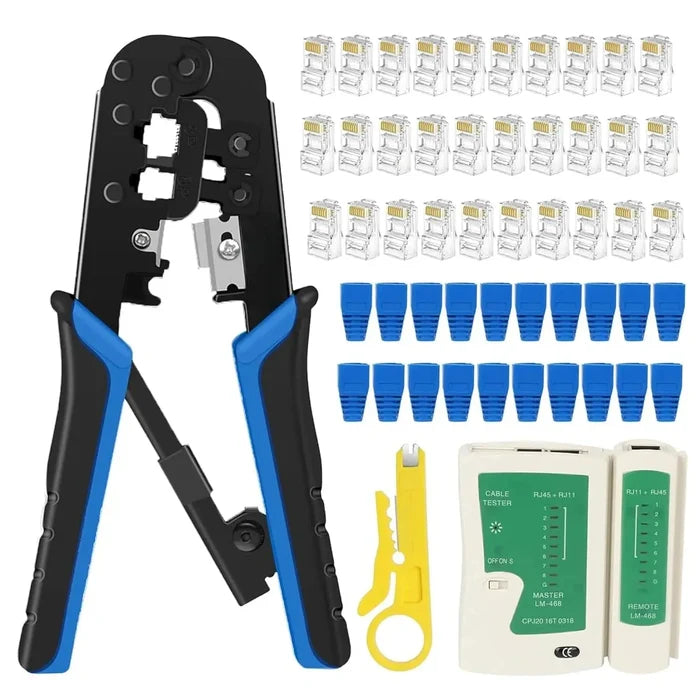 FEDUS RJ45 Crimping Tool Kit, Crimping Tool rj45 Crimping machine for Cat6A Cat5E Cat5 RJ45 Ethernet tool kit, 50PCS rj45 Connector, Network lan Tester, 50PCS Boot Covers, Cut and Strip Tool Black COMBO-1 FEDUS