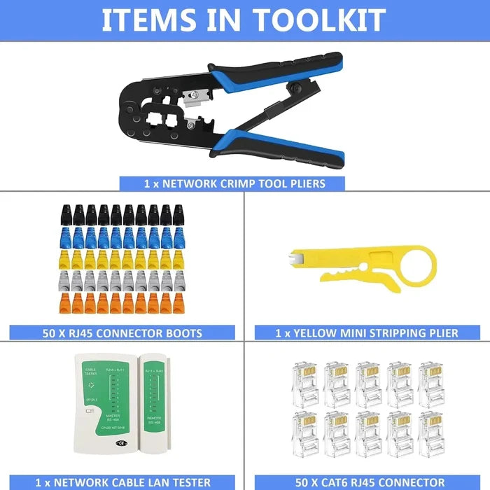 FEDUS RJ45 Crimping Tool Kit, Crimping Tool rj45 Crimping machine for Cat6A Cat5E Cat5 RJ45 Ethernet tool kit, 50PCS rj45 Connector, Network lan Tester, 50PCS Boot Covers, Cut and Strip Tool Black COMBO-1 FEDUS