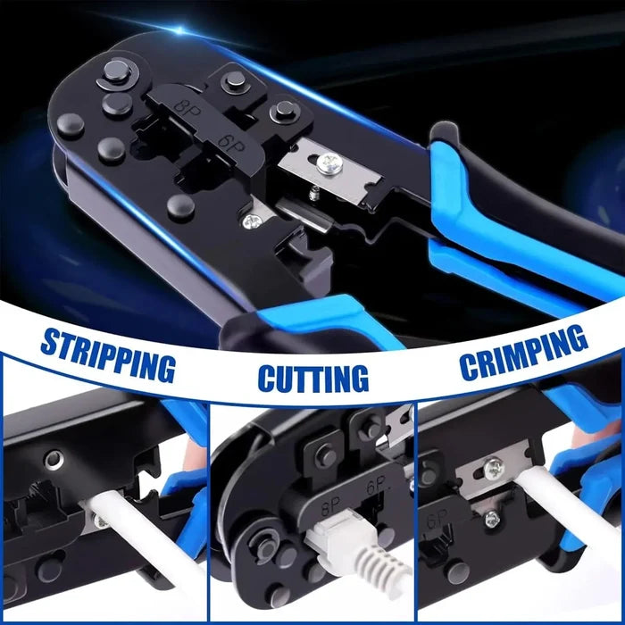 FEDUS RJ45 Crimping Tool Kit, Crimping Tool rj45 Crimping machine for Cat6A Cat5E Cat5 RJ45 Ethernet tool kit, 50PCS rj45 Connector, Network lan Tester, 50PCS Boot Covers, Cut and Strip Tool Black COMBO-1 FEDUS