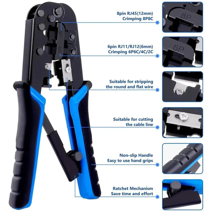 FEDUS RJ45 Crimping Tool Kit, Crimping Tool rj45 Crimping machine for Cat6A Cat5E Cat5 RJ45 Ethernet tool kit, 50PCS rj45 Connector, Network lan Tester, 50PCS Boot Covers, Cut and Strip Tool Black COMBO-1 FEDUS