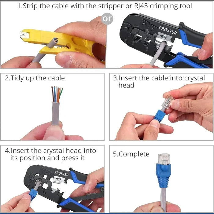 FEDUS RJ45 Crimping Tool Kit, Crimping Tool rj45 Crimping Machine for Cat6A Cat5e Cat5 RJ45 Ethernet tool kit, 100PCS rj45 Connector, Network Lan Tester, Cut and Strip Tool Black COMBO-3 FEDUS
