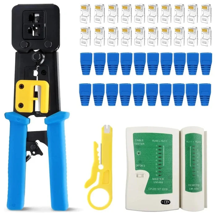 FEDUS RJ45 Crimping Tool Kit, Passthrough Crimping Tool rj45 for Cat6A Cat5E Cat5 RJ45, 25PCS rj45 Connector & Boot Covers, Network lan Tester, Cut and Strip Tool Blue COMBO-5 FEDUS