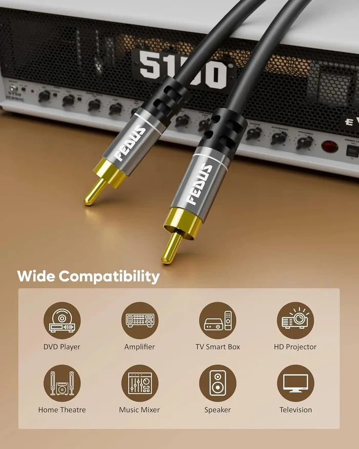 FEDUS Subwoofer Cable, 24K Gold-Plated Oxygen-Free Copper Double Shielded RCA To RCA Audio Cable, Cable for Home Theatre, Subwoofer, Power Amplifier, AVR, Hi-Fi Systems, Sound Bar, Car Audio FEDUS