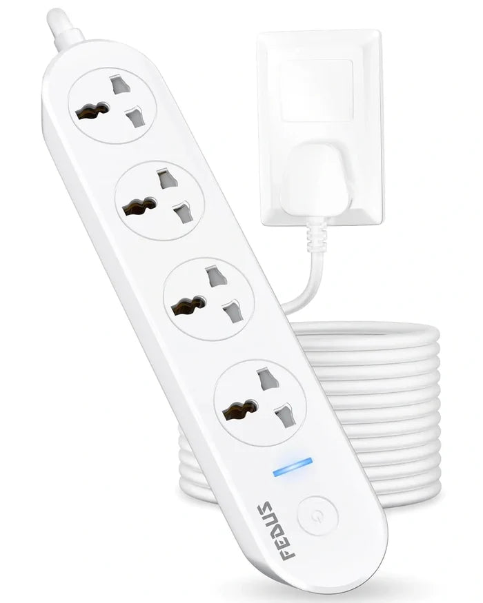 FEDUS Surge Protector, 4 Universal Sockets with Individual Switch, Long Cable, Extension Board Cord, Automatic Overload Protection, Fireproof Power Strip Switch Board, Spike Guard, White FEDUS