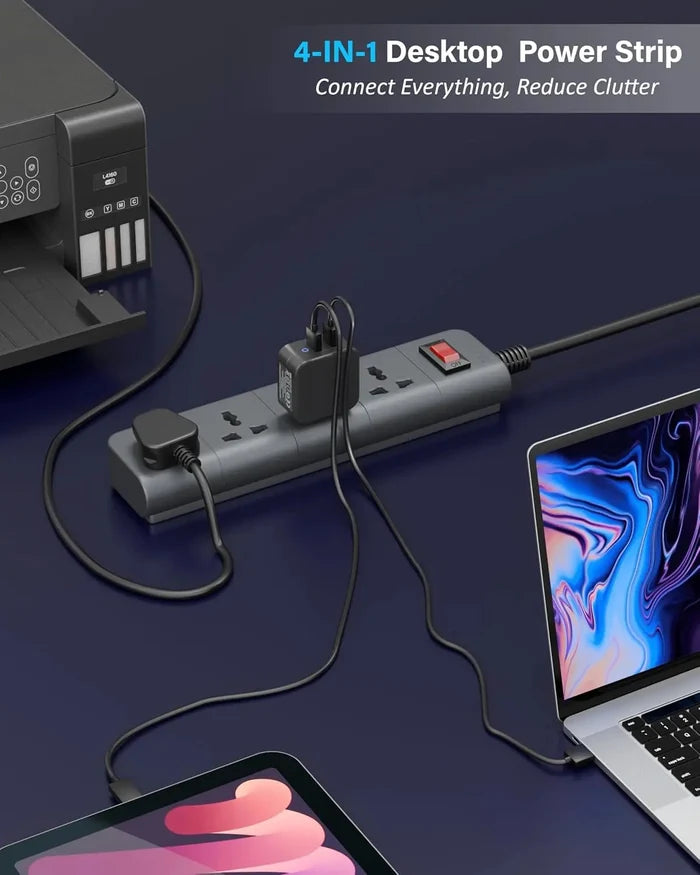 FEDUS Surge Protector, 4 Universal Sockets with Individual Switch, Long Cable, Extension Board Cord, Automatic Overload Protection, Fireproof Power Strip Switch Board, Spike Guard, Grey FEDUS