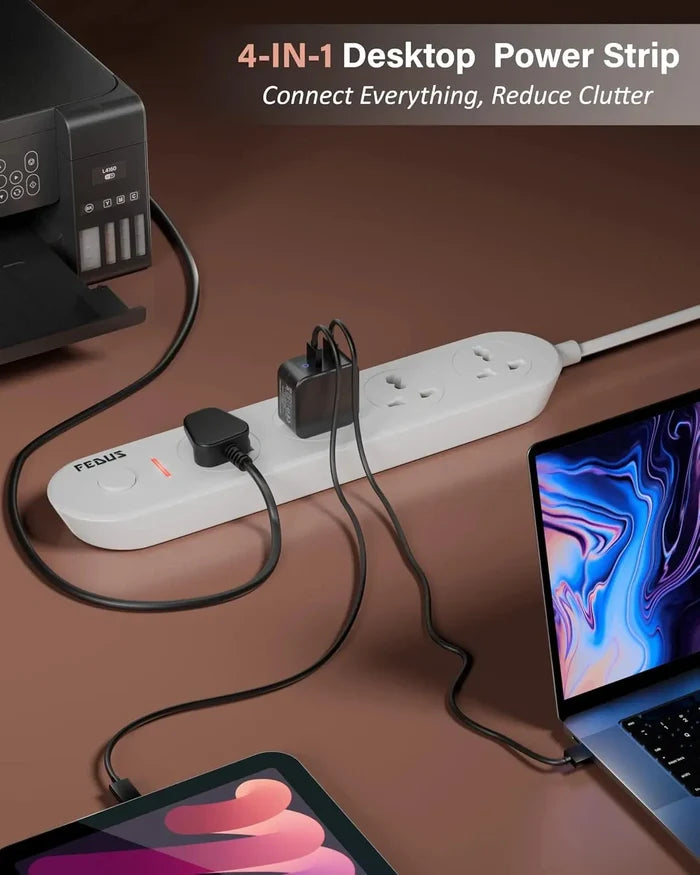 FEDUS Surge Protector, 4 Universal Sockets with Individual Switch, Long Cable, Extension Board Cord, Automatic Overload Protection, Fireproof Power Strip Switch Board, Spike Guard, White FEDUS