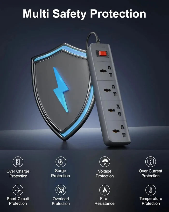 FEDUS Surge Protector, 4 Universal Sockets with Individual Switch, Long Cable, Extension Board Cord, Automatic Overload Protection, Fireproof Power Strip Switch Board, Spike Guard, Grey FEDUS