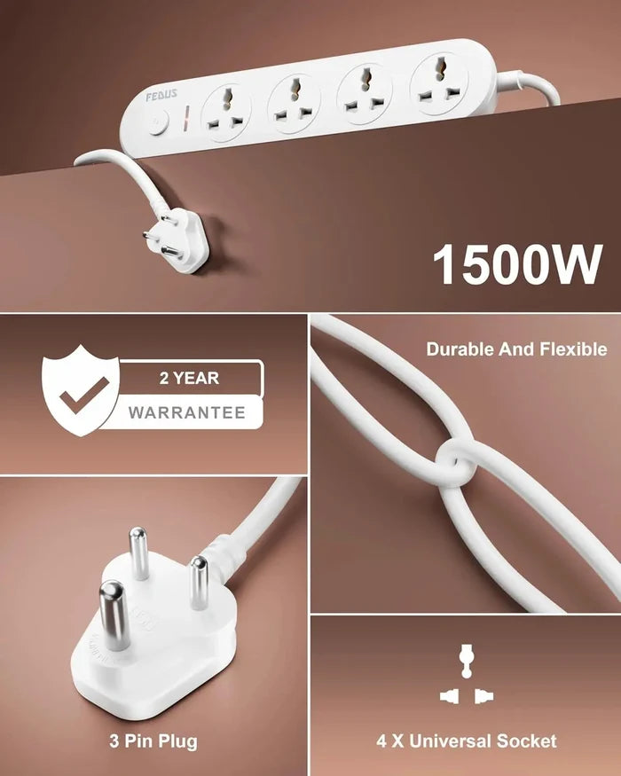 FEDUS Surge Protector, 4 Universal Sockets with Individual Switch, Long Cable, Extension Board Cord, Automatic Overload Protection, Fireproof Power Strip Switch Board, Spike Guard, White FEDUS