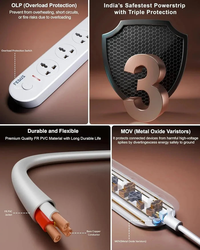FEDUS Surge Protector, 4 Universal Sockets with Individual Switch, Long Cable, Extension Board Cord, Automatic Overload Protection, Fireproof Power Strip Switch Board, Spike Guard, White FEDUS