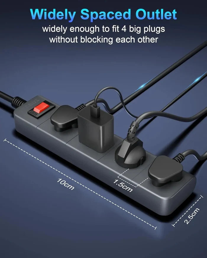 FEDUS Surge Protector, 4 Universal Sockets with Individual Switch, Long Cable, Extension Board Cord, Automatic Overload Protection, Fireproof Power Strip Switch Board, Spike Guard, Grey FEDUS