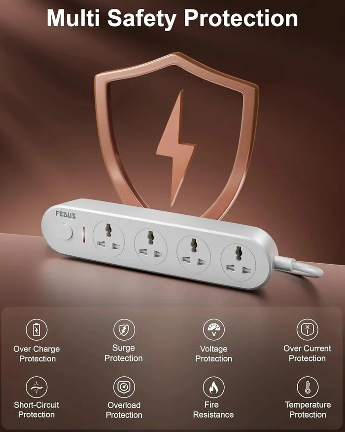 FEDUS Surge Protector, 4 Universal Sockets with Individual Switch, Long Cable, Extension Board Cord, Automatic Overload Protection, Fireproof Power Strip Switch Board, Spike Guard, White FEDUS