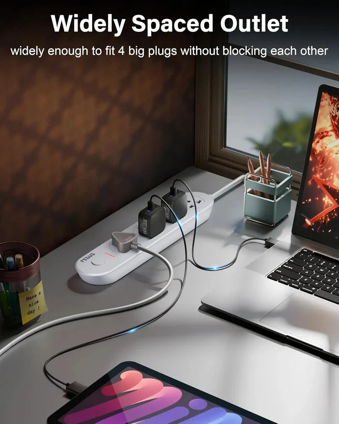 FEDUS Surge Protector, 4 Universal Sockets with Individual Switch, Long Cable, Extension Board Cord, Automatic Overload Protection, Fireproof Power Strip Switch Board, Spike Guard, White FEDUS