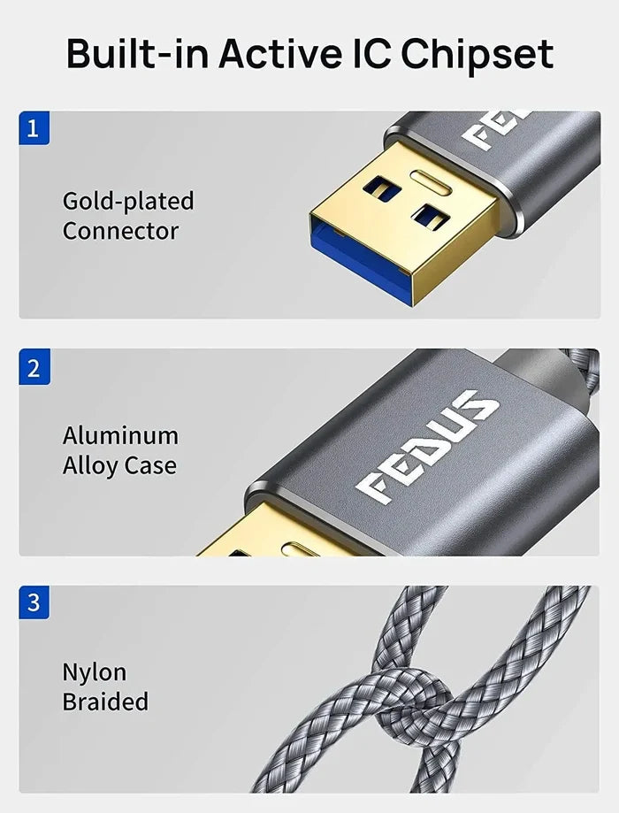 FEDUS USB 3.0 Extension Cable, Aluminum Alloy USB Cable Extender SuperSpeed USB 3.0 Type A Male to USB A Female Extension Cord for Printer, TV, PlayStation, Xbox, Hard Drive, Keyboard, USB hub FEDUS