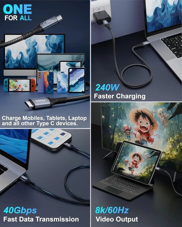 FEDUS USB 4 Cable Thunderbolt 4 Cable 40Gbps 240W [8K@60Hz 4K@144Hz] 100W PD 3.1 Fast Charging Type C Cable USB C to USB C Display Cable Compatible with iPhone 15 Pro, MacBook, eGPU, SSD FEDUS