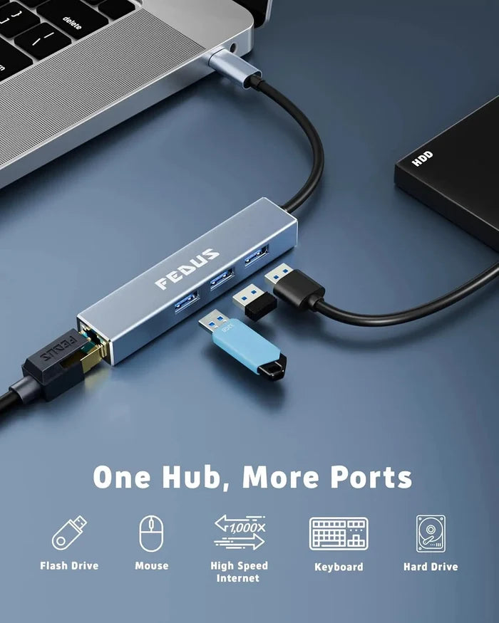 FEDUS USB C to Ethernet Adapter, 3-Port USB 3.0 Hub with RJ45, Gigabit ethernet LAN to USB Type c Converter, LAN to USB Connector, Network Adapter for Phone, MacBook Pro/Air, iPad Pro, XPS, Surface FEDUS