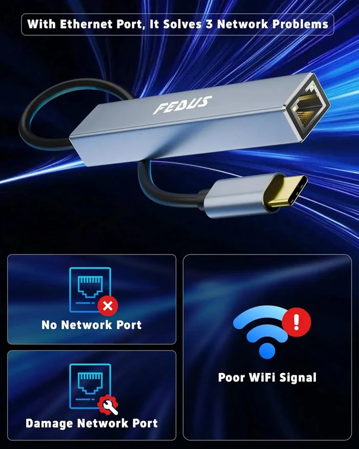 FEDUS USB C to Ethernet Adapter, 3-Port USB 3.0 Hub with RJ45, Gigabit ethernet LAN to USB Type c Converter, LAN to USB Connector, Network Adapter for Phone, MacBook Pro/Air, iPad Pro, XPS, Surface FEDUS