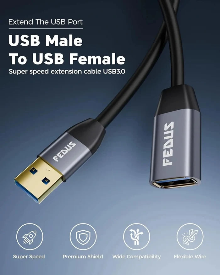 FEDUS USB Extension Cable 3.0 Long usb Male to Female Extender cable for 5Gbps High Data Transfer, TV, PC, Laptop, Camera, Keyboard, Mouse, USB Flash Drive, Hard Drive, Printer, Game controller FEDUS