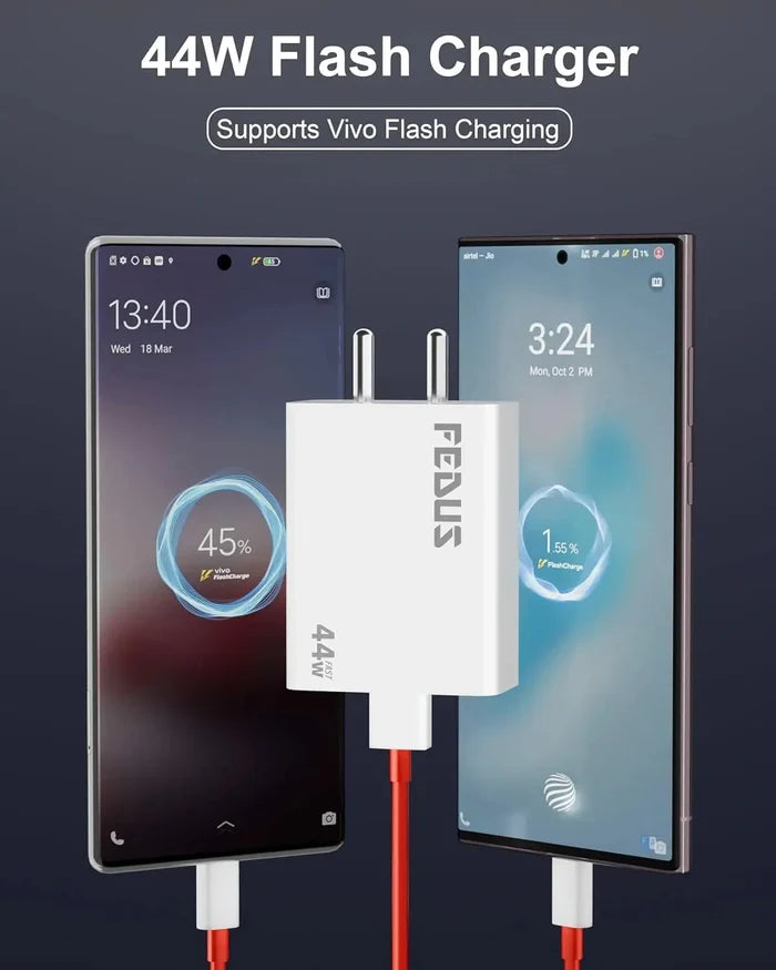 FEDUS Vivo 44W C-Type Flash Fast Charger Adapter for Vivo V40, V40 Pro, V40e, Y300 5G, Y28E, Y28S, T3 Lite, Y58, Y200 Pro, V30E, Y18I, Y18, Y18E, V30, V30 Pro, V29, Iqoo Z9X, T2 Pro, Iqoo 9, Neo 7 Pro Series USB-C Charge Adaptor 44 Watt Cheeku Technologies