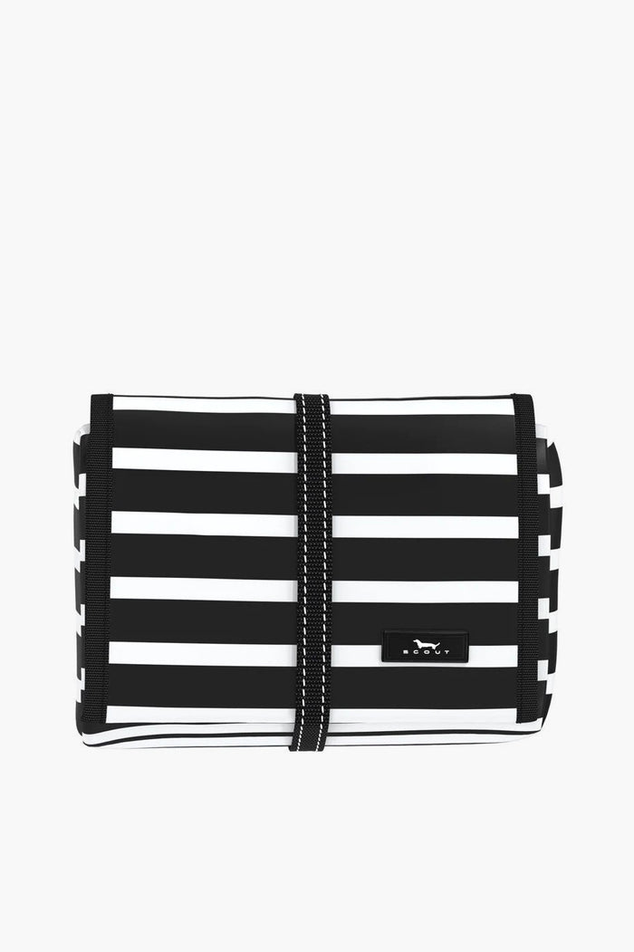 The SCOUT rectangular clutch bag is made from water-resistant coated cotton with bold black and white horizontal stripes and a vertical black strap at the center.