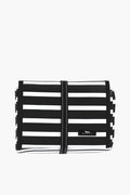 The SCOUT rectangular clutch bag is made from water-resistant coated cotton with bold black and white horizontal stripes and a vertical black strap at the center.