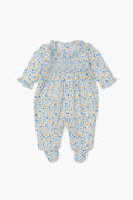The kissy kissy long-sleeve baby onesie features footies and a blue-yellow floral pattern. Crafted from soft Peruvian cotton, this floral footie offers ultimate comfort and cozy style for your little one.