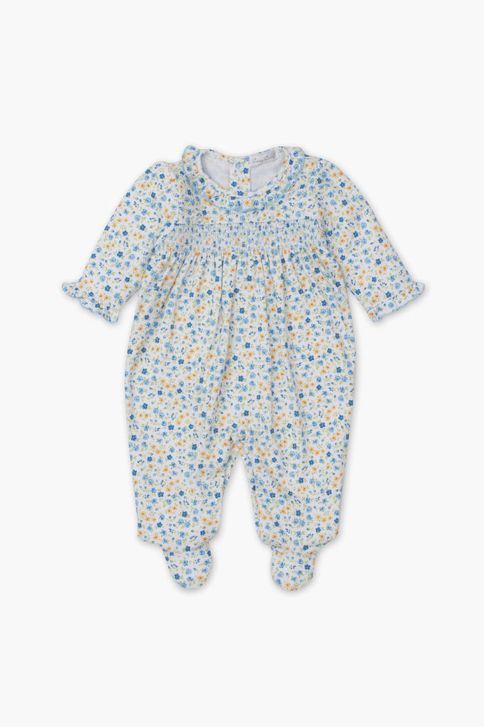 The kissy kissy long-sleeve baby onesie features footies and a blue-yellow floral pattern. Crafted from soft Peruvian cotton, this floral footie offers ultimate comfort and cozy style for your little one.