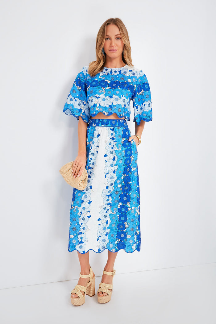 Flower Stripes Off White Midi Skirt