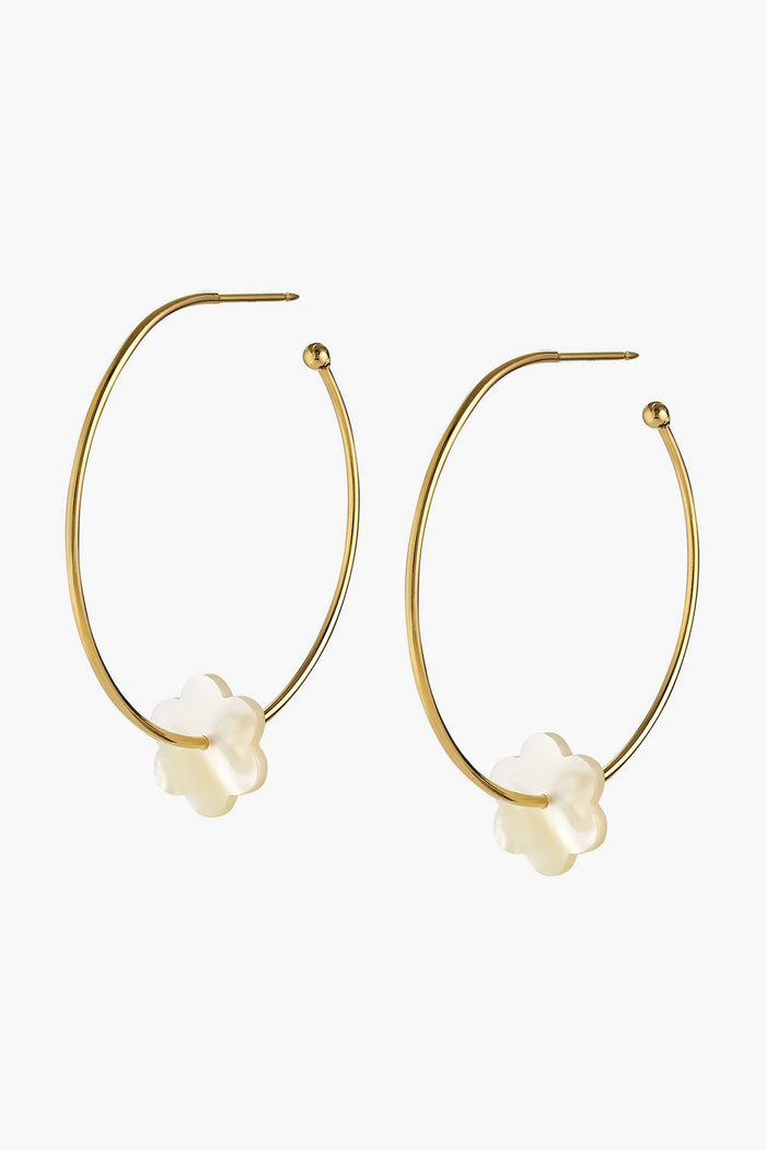 ASHA gold vermeil hoop earrings, each featuring a delicate white flower-shaped charm reminiscent of elegant mother-of-pearl.