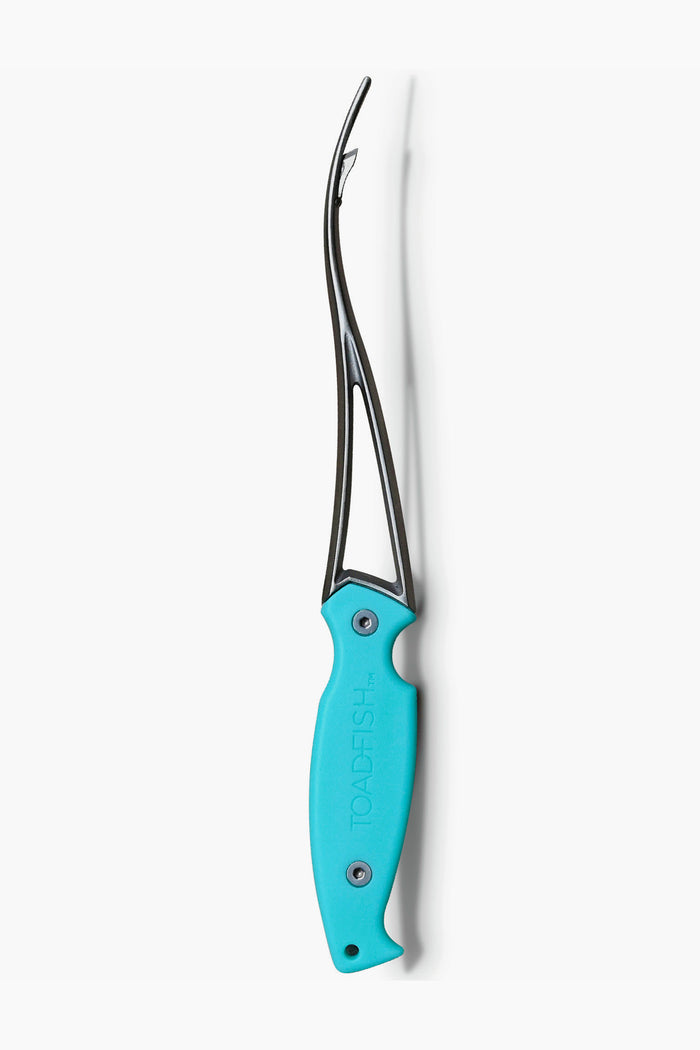 The Toadfish metal fish hook remover tool features a curved tip and blue ergonomic handle, making it an ideal eco-friendly seafood accessory for coastal enthusiasts.