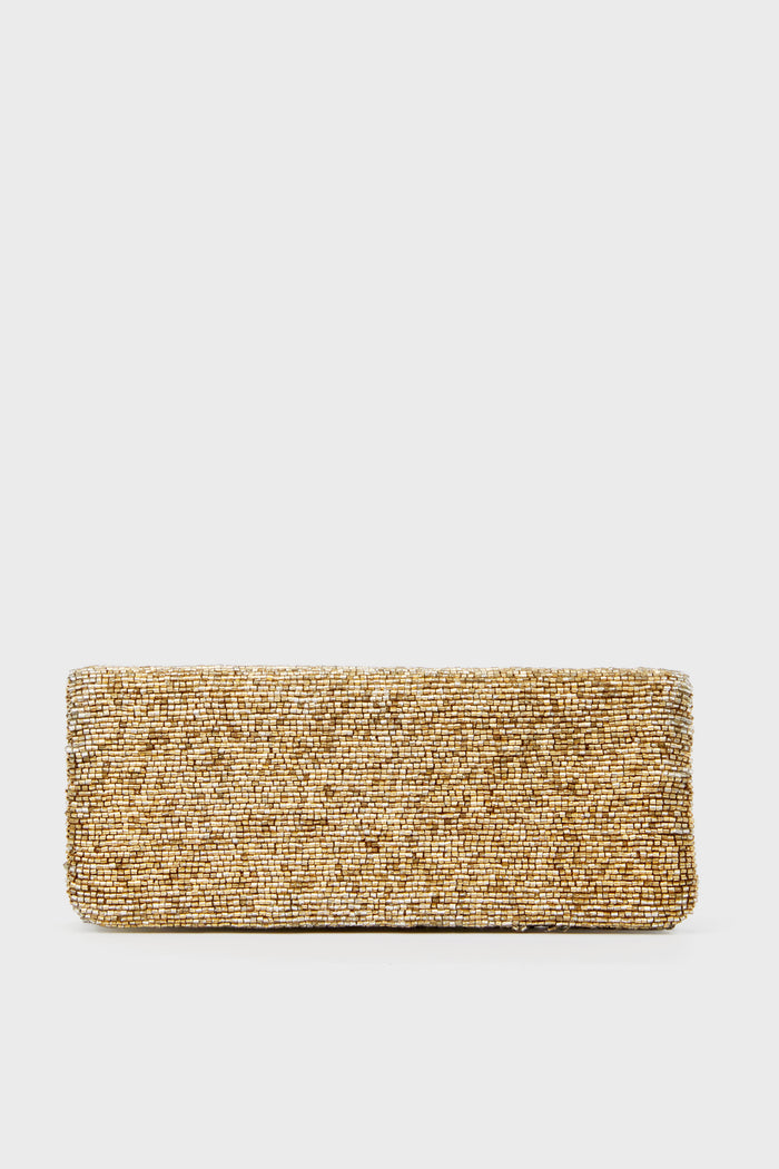 A glamorous rectangular gold clutch by Tiana Designs featuring beaded detailing, this purse adds sparkle to any outfit.
