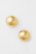 VALERE presents two round earrings with a hammered texture, crafted from 24K gold-plated metal and elegantly displayed.